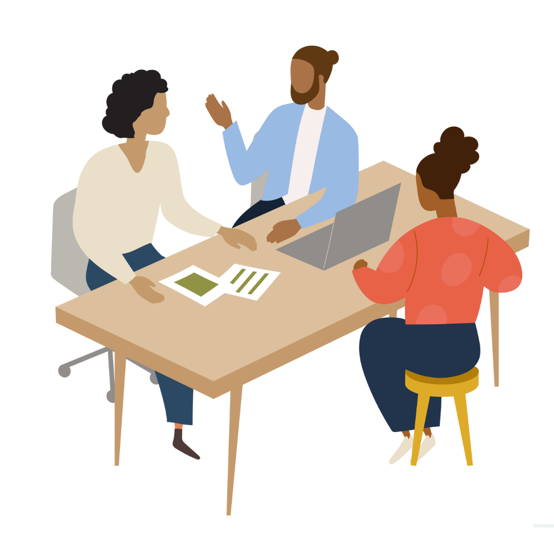 Illustration of three teachers sitting at a table collaborating