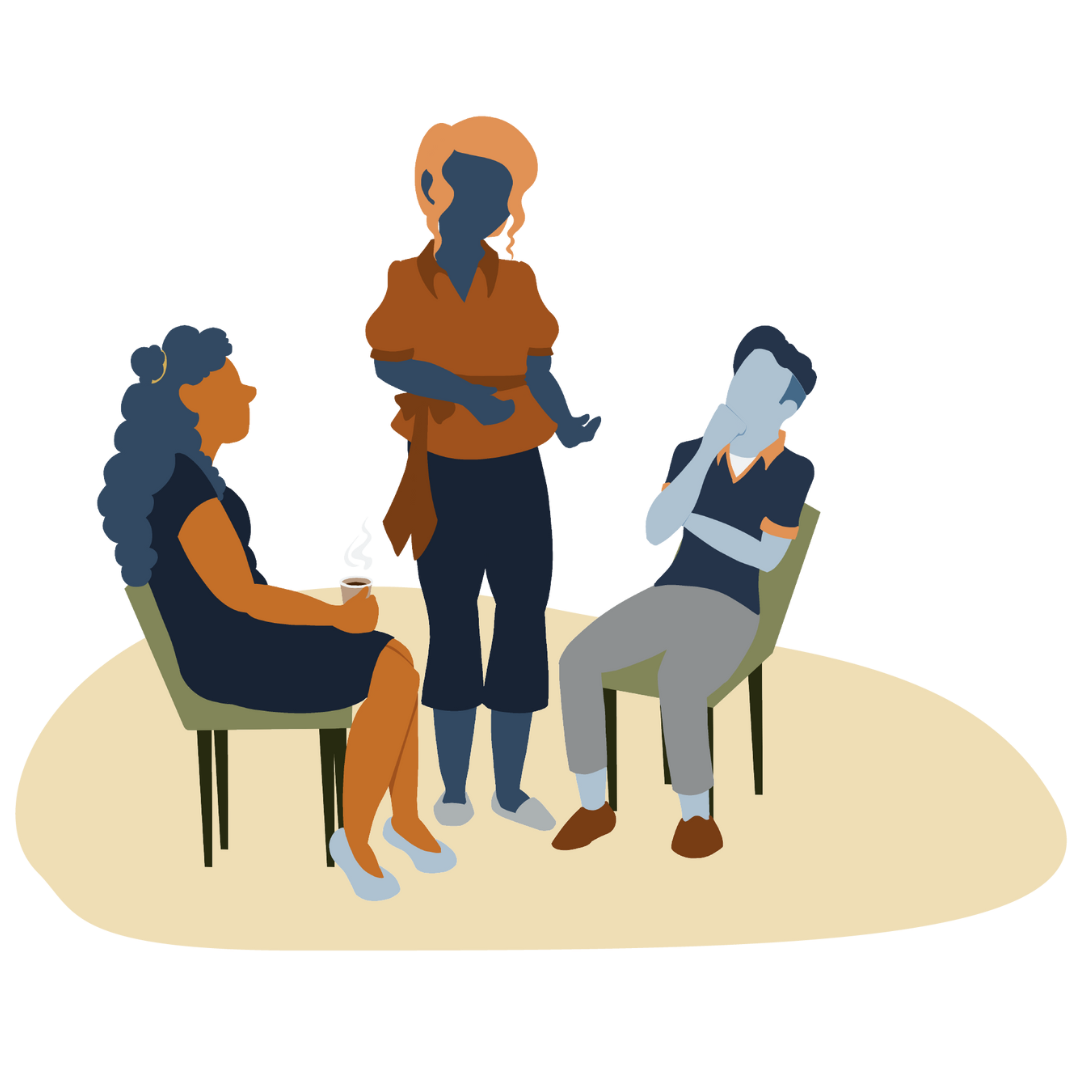 Illustration of one teacher standing between two others who are sitting and talking.