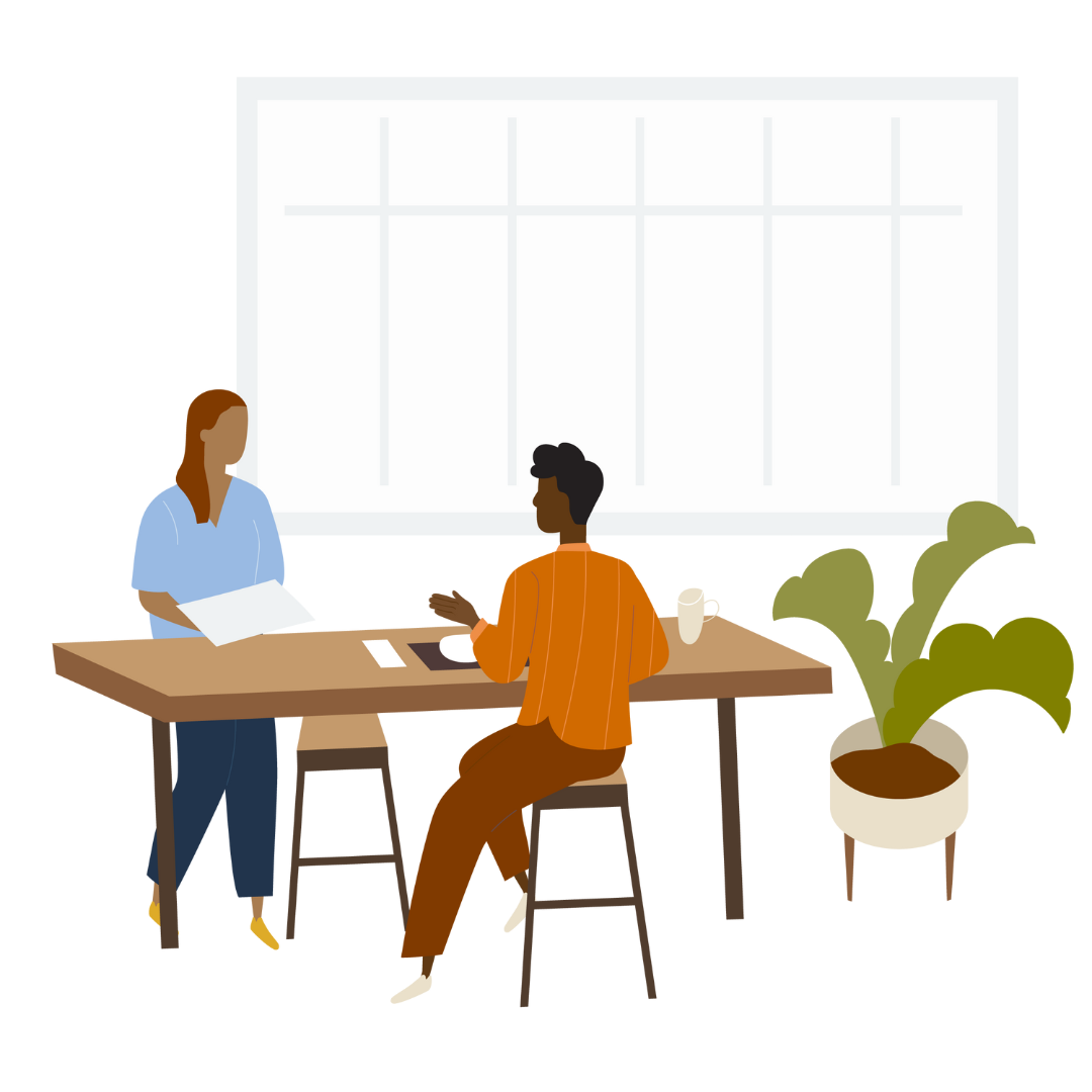 Illustration of two educators at a table working together in front of a window.