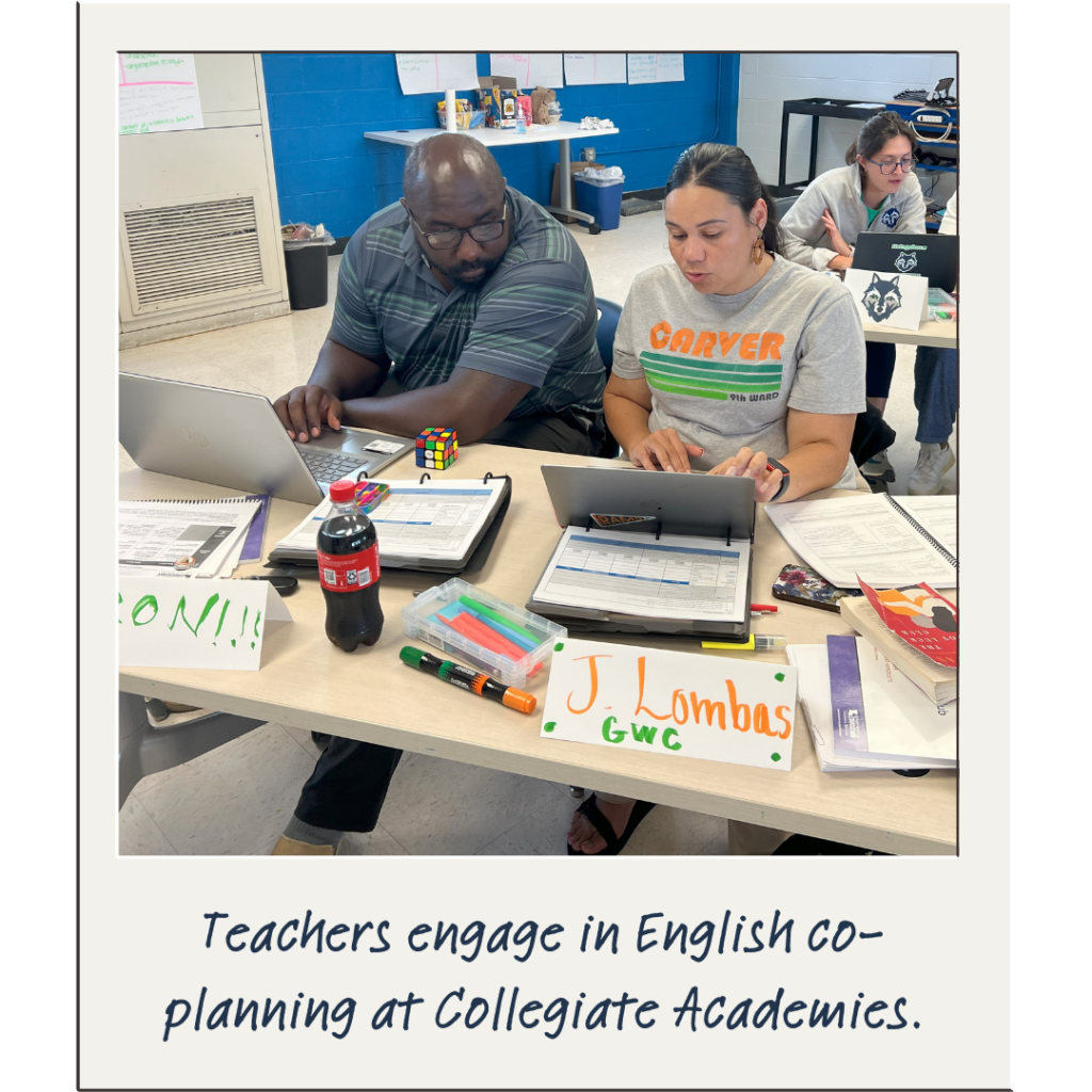 A polaroid-styled photo showing a male and female teacher at a table covered with paperwork. Caption: Teachers engage in English co-planning at Collegiate Academies.