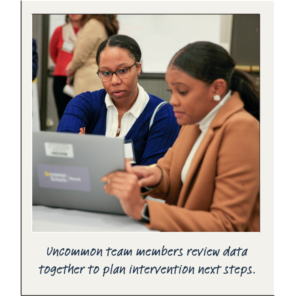 Two female teachers sit together looking at a computer. Caption: Uncommon team members review data together to plan intervention next steps.